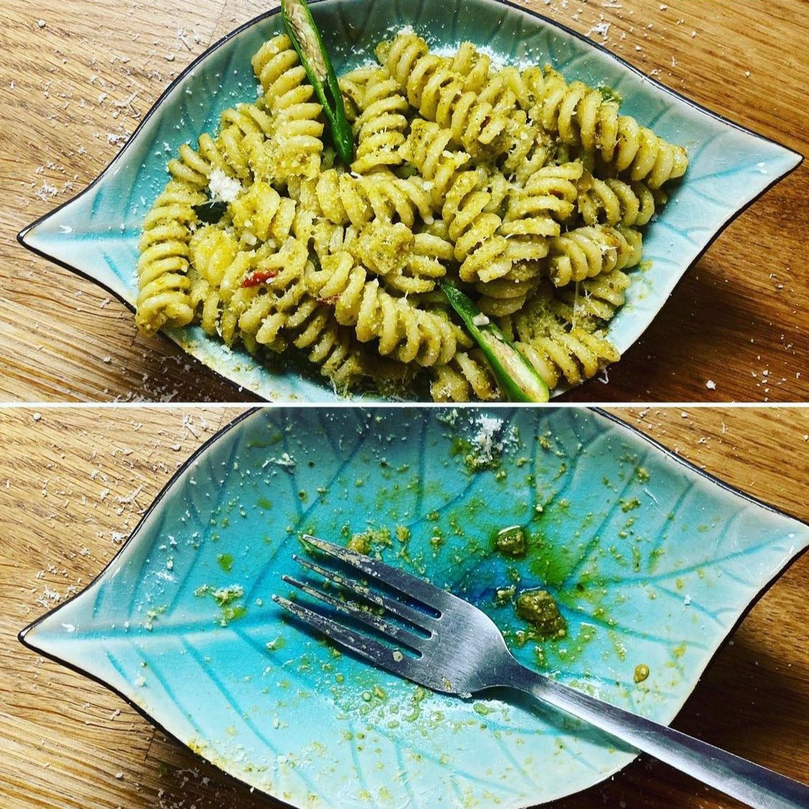 Before and after eating picture - Tasty Jalapeño infused pasta
