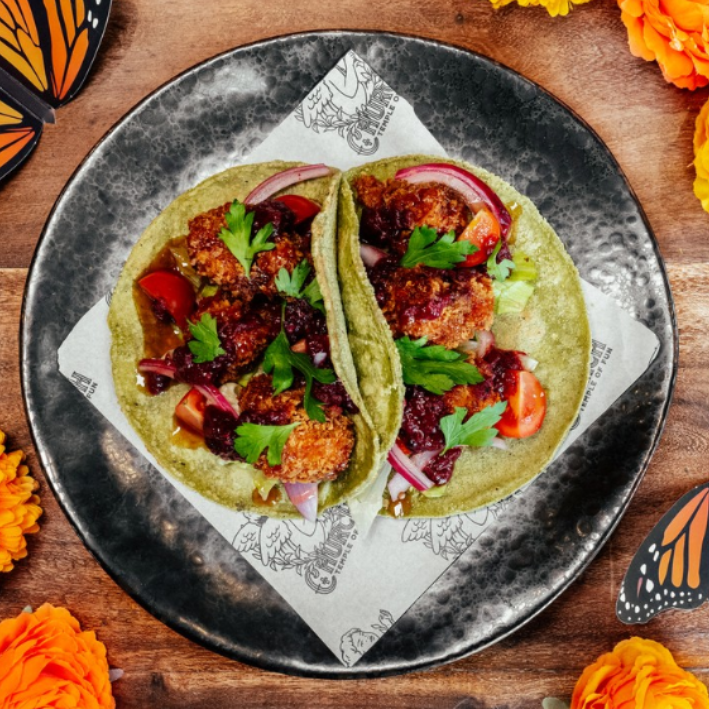 Day of the dead vegan taco using Cherry Berry Reaper sauce